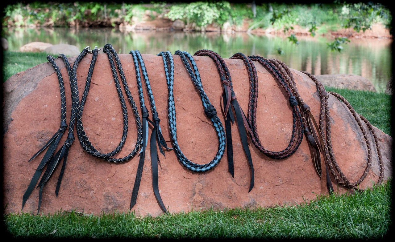 Leather Rope Bronc Rein Split 7ft - 4 Ply Bourbon Colored - Trigger Snap